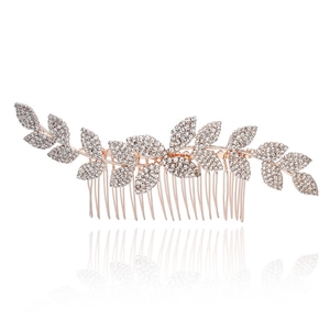 Elegante pettine per capelli da sposa a foglia in oro rosa con strass e riflesso a specchio