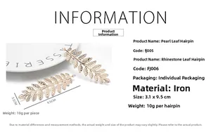 Détail de la barrette feuille en perles et cristal avec dimensions 3.1x9.5cm et doré