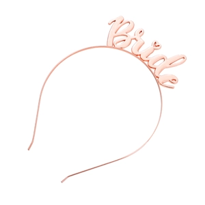 Detail of rose gold Bride headband with heart dot script lettering for bridal parties