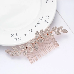 Luxurious rose gold leaf bridal hair comb with sparkling rhinestones for wedding hairstyles