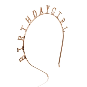 Rose gold Birthday Girl metal headband for women and girls on minimalist white background