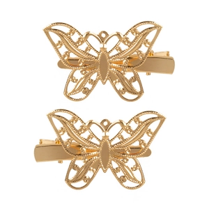 Paire de pinces à cheveux papillon vintage en métal doré brillant au design ajouré