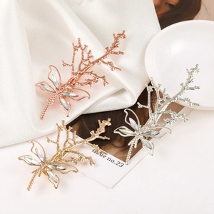 Elegant vintage dragonfly branch hair clips with iridescent crystals in three metal tones
