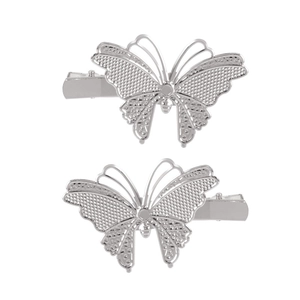 Pair of silver hollow butterfly hair clips with polished metallic wings for women