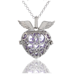 Silver heart locket necklace with angel wings and purple glass bead detail shot