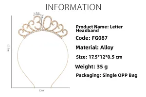 Detailed size specifications for the golden rhinestone 30th birthday tiara showing 17.5cm height
