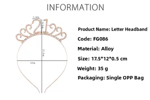 Detailed dimensions of rose gold number 21 birthday headband with white rhinestones