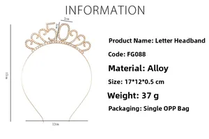 Specifiche tecniche per corona 50 compleanno in lega dorata con strass e dimensioni