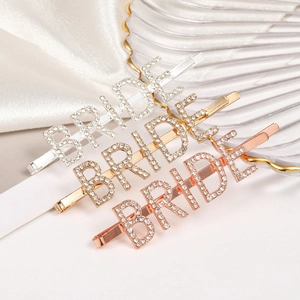 Three-piece rhinestone BRIDE hair pins set in silver, gold, and rose gold for weddings