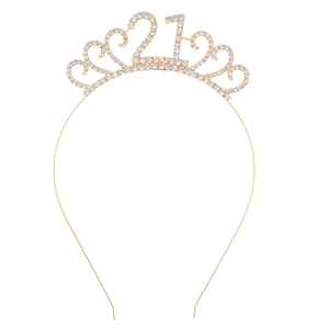 Golden rhinestone tiara for 21st birthday party featuring crystal numbers and heart patterns