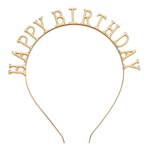 Gouden Happy Birthday haarband van metaal met hoofdletters op witte achtergrond
