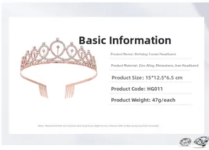 Detail view of rose gold birthday crown tiara with sparkling rhinestones and side combs
