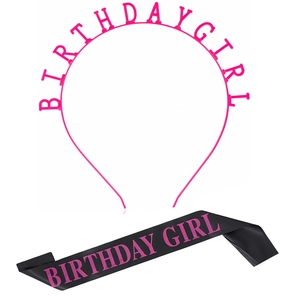 Pink Birthday Girl headband and black satin sash set for girls party celebrations