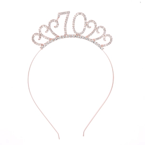 Sparkling rose gold 70th birthday crown headband with crystal rhinestones for party