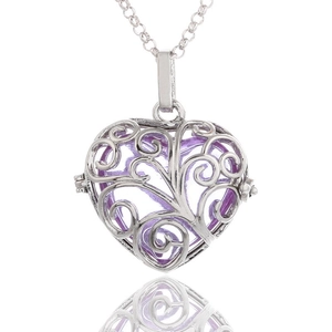 Hollow heart pendant necklace with purple aroma bead and silver tree branch pattern
