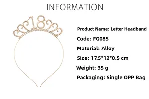 Spécifications détaillées du serre-tête 18 ans en alliage doré avec strass et dimensions