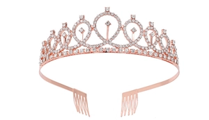 Detailed view of rose gold bridal crown with crystal rhinestones and side combs