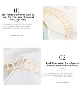 Detail of gold Happy Birthday headband showing eco-friendly welding and durable plating