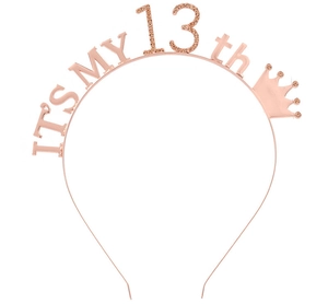 Detail of rose gold 13th birthday crown headband with sparkly rhinestones and metallic letters