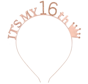 Detail of rose gold 16th birthday headband featuring a crown and rhinestone number 16