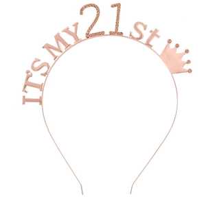 Close-up of rose gold 21st birthday headband with It's My 21st lettering and crown