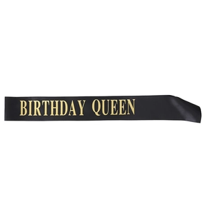 Elegant black satin Birthday Queen sash with bold gold lettering for party celebrations