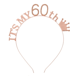 Detail of rose gold 60th birthday headband featuring rhinestones and a crown motif