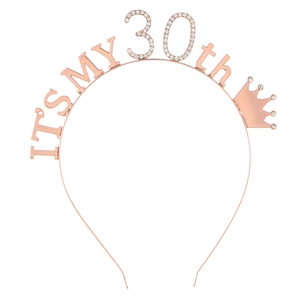Detail of rose gold birthday headband with rhinestone 30th and crown lettering