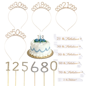 Ensemble Décoration Fête Anniversaire Diadème Strass Couronne Écharpe Satin Et Topper Gâteau Chiffre Or Pour Femmes Célébration