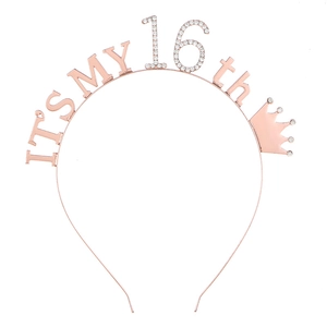 Detail of rose gold 16th birthday crown headband with sparkling rhinestones decoration