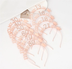 Detailed set of rose gold alloy birthday tiaras featuring ages 13 to 80 with glitter finish