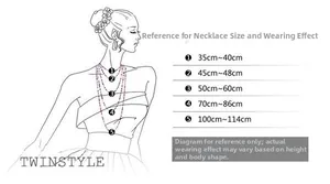 Detailed necklace length guide showing 35cm to 114cm fit on a female silhouette