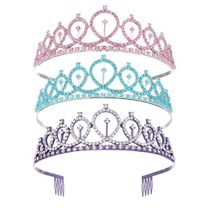 Three-piece rhinestone bridal tiaras set in pink, light blue, and purple silver frames