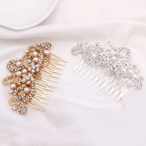 Elegant gold and silver floral bridal hair combs with pearls and rhinestones on silk