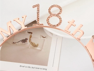 Detailed macro view of rose gold 18th birthday crown with sparkling rhinestones