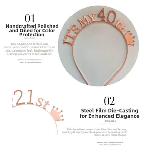 Detail of rose gold birthday headband with rhinestones showing color-preserving plating