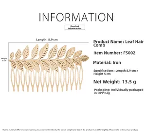 Detailed size specifications and material info for the gold leaf hair comb accessory