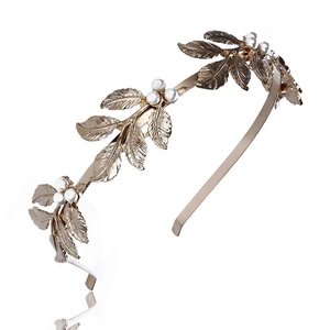 Elegant gold leaf headband with white pearls for bridal hair accessories and gifts