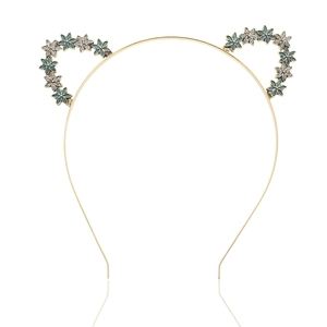 Serre-tête oreilles de chat doré avec fleurs bleues et blanches pour filles sur fond blanc