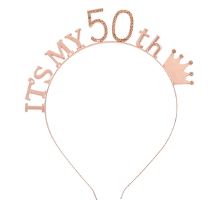 Rose gold 50th birthday headband with It's My 50th text and rhinestone crown detail