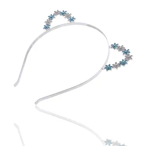 Serre-tête oreilles de chat avec fleurs en strass bleues et blanches sur métal