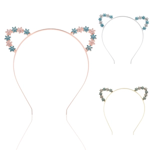 Serre-têtes oreilles de chat en alliage avec fleurs en strass en trois coloris métal