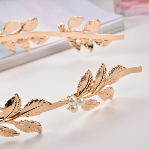 Elegant gold leaf bridal headband with white pearls for Baroque style weddings