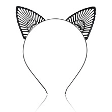 Detailed view of black hollow cat ear headband with crystal chain decoration for parties