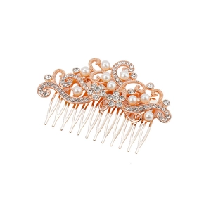 Rose gold bridal hair comb with elegant white pearls and sparkling floral crystals