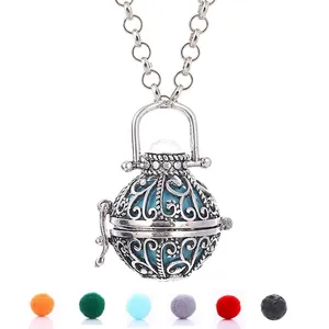 Vintage Copper Aromatherapy Necklace Hollow Flower Locket Essential Oil Diffuser Rhinestone Pendant Jewelry For Women