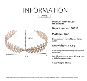 Leaf headband specs showing 15x13x3.5cm size and 34.5g weight for Greek style hair accessory