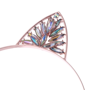 Cerchietto con orecchie di gatto in cristallo e strass colorati su metallo oro rosa