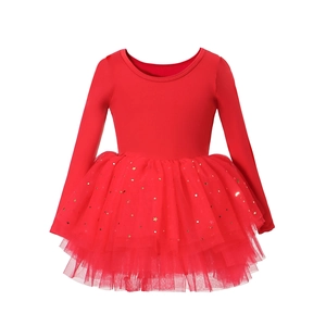 Detail of long sleeve red ballet tutu skirt featuring gold star and moon sequins