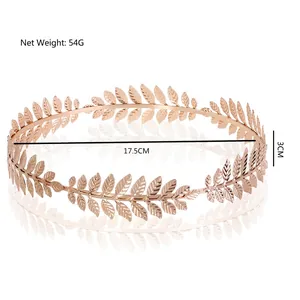 Greek goddess crown with rose gold laurel leaf design on a clean white background